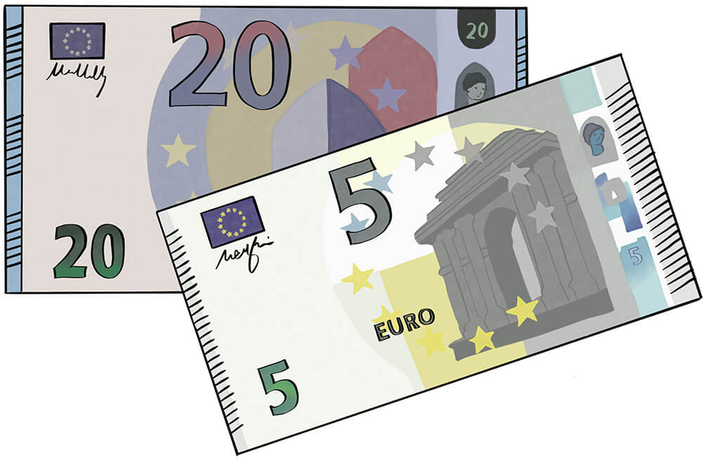 Ein 20-Euro-Schein und ein 5-Euro-Schein