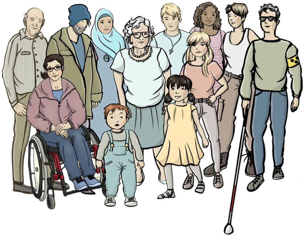 Eine Gruppe von Menschen mit und ohne Behinderung als Zeichen der Inklusion.