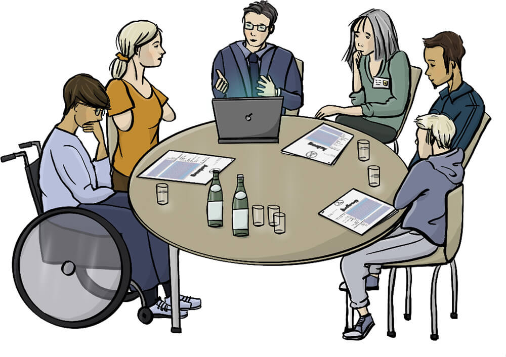 Sechs Menschen sitzen am runden Tisch