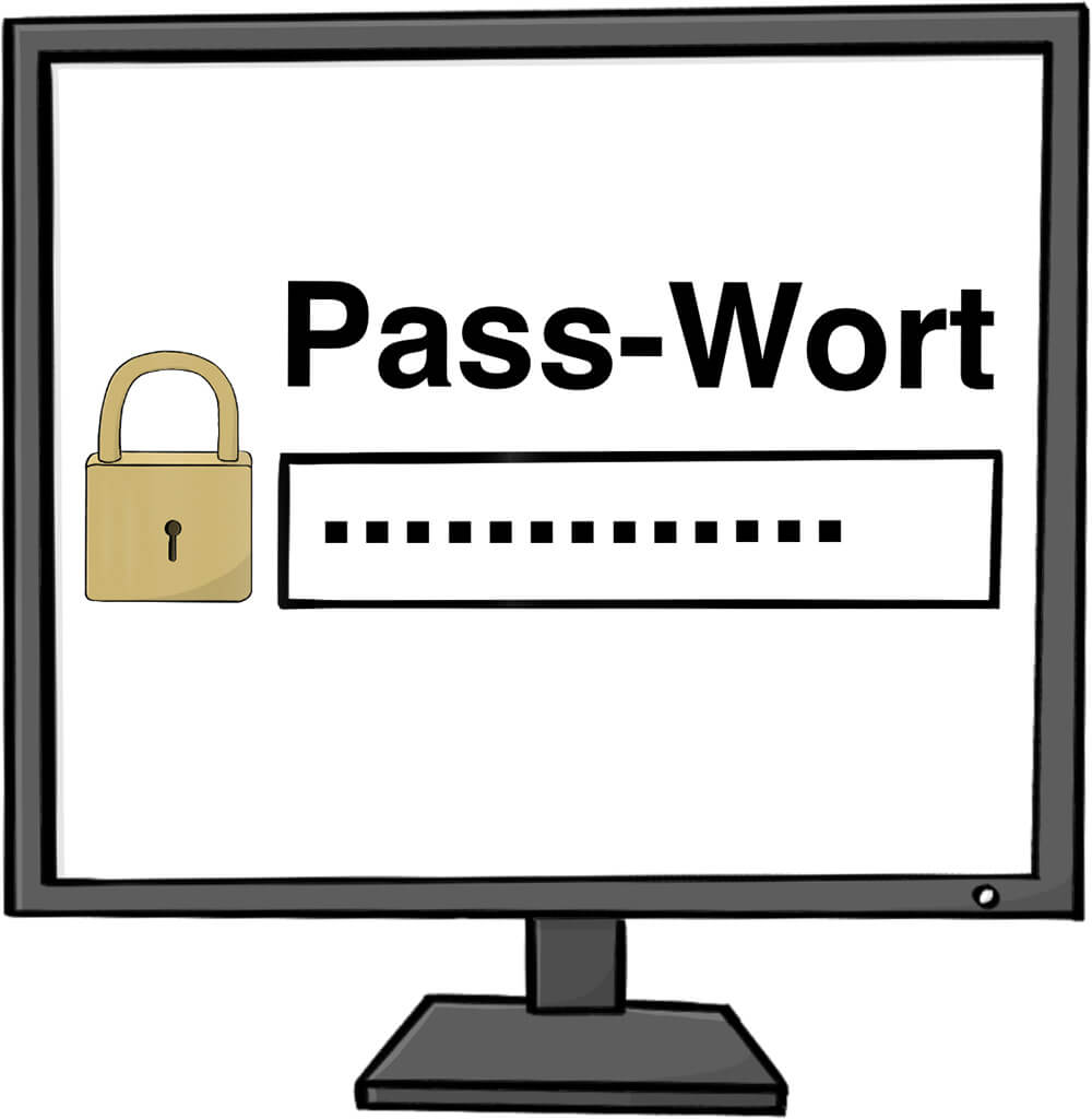 Computer-Monitor mit einem Schloss-Symbol und einem ausgefüllten Passwortfeld
