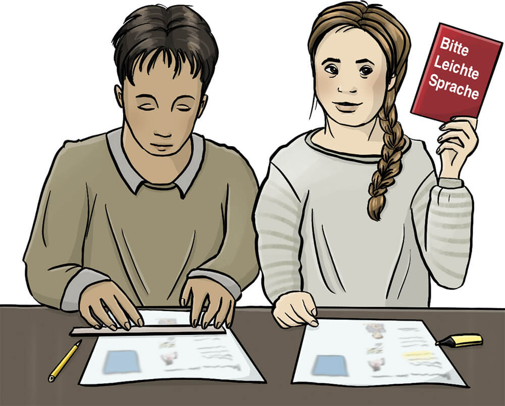 Ein Junge und ein Mädchen halten eine Karte mit dem Text Leichte Sprache.