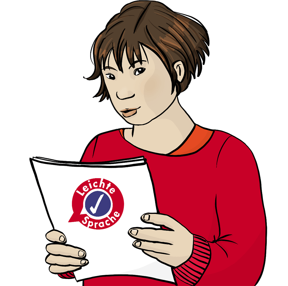 Eine Frau hält ein Heft mit dem Logo des Netztwerks in der Hand.